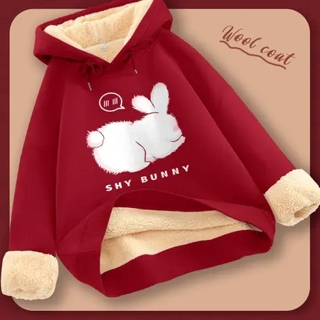 ZR真维斯兔年本命年卫衣女秋冬加绒加厚高级感连帽红色加绒卫衣女商品大图