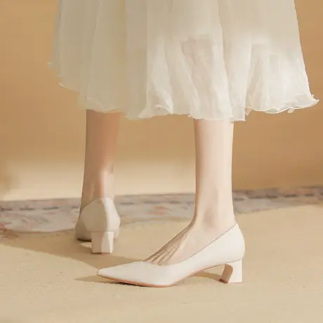 高跟鞋女粗跟高级感2023新款裸色工作鞋中跟通勤浅口软皮尖头单鞋商品大图