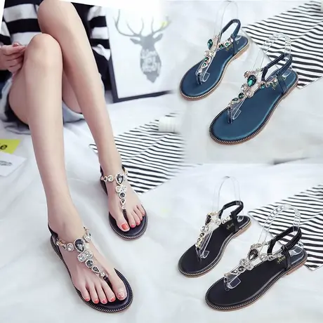 网红凉拖鞋女仙女风2023夏季新款时尚水钻百搭平底沙滩罗马凉鞋女商品大图