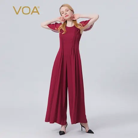 VOA40姆米重磅真丝红双面乔褶皱拼接可拆卸披肩阔腿桑蚕丝连体裤图片
