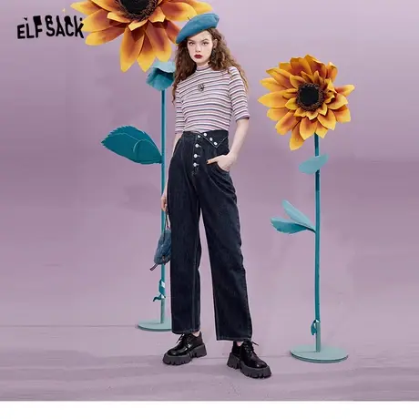 妖精的口袋宽松直筒牛仔裤女2023秋季新款高腰阔腿薄款裤子ins潮商品大图