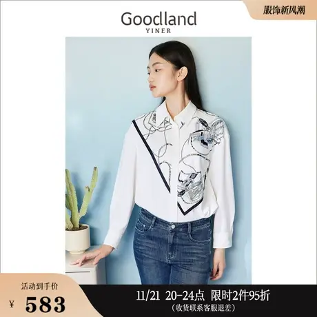 Goodland美地女装秋季通勤时尚印花设计感长袖衬衫上衣商品大图