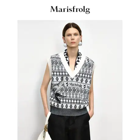 【商场同款】玛丝菲尔秋季新款绵羊毛V领海鸥提花针织马甲商品大图