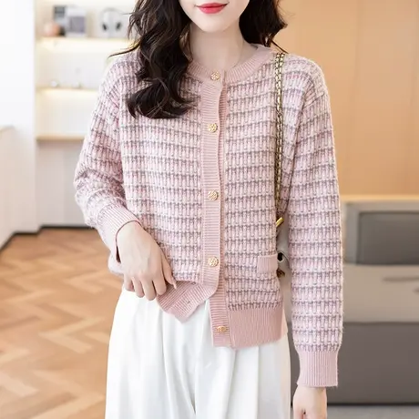 2023秋冬女士外套毛衣开衫上衣常规宽松长袖针织衫韩版圆领小香风商品大图