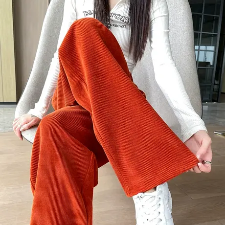 欧棉绒高腰抽绳阔腿裤女春秋新款灯芯绒裤子南瓜色休闲直筒拖地裤商品大图