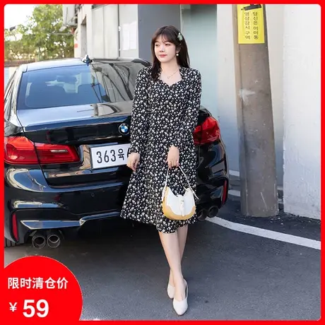 【清仓】新款法式显瘦中长款过膝收腰绑带气质大码胖MM碎花连衣裙商品大图