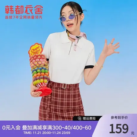 韩都衣舍POLO领针织短袖女夏季新款韩版撞色薄款短款针织上衣商品大图