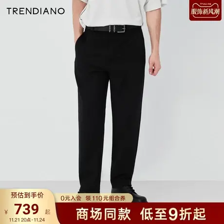 【简约松紧腰】TRENDIANO轻奢休闲裤2023夏款纯黑色垂感直筒长裤商品大图