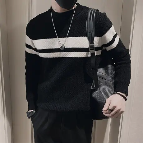 高级感撞色条纹毛衣男冬季2023新款休闲轻熟慵懒风宽松内搭针织衫商品大图