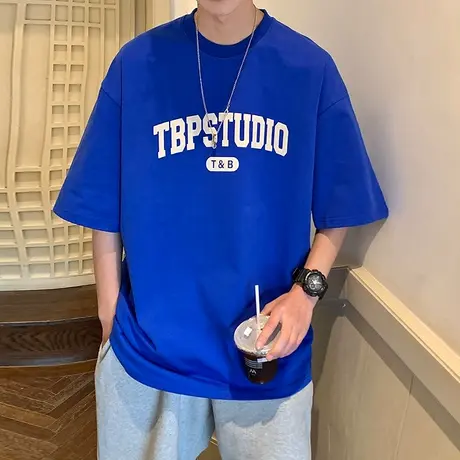 短袖t恤男夏季宽松大码发泡字母圆领半袖美式重磅潮牌ins情侣体恤商品大图