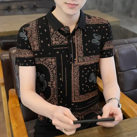 个性纯棉衬衫领短袖T恤男夏季休闲翻领半袖polo衫潮流打底衫男装t商品大图