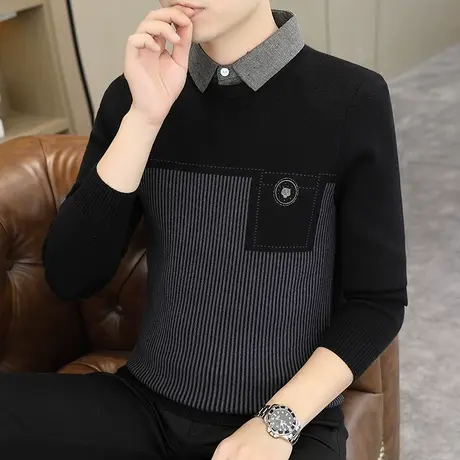 秋季假两件毛衣男衬衫领条纹修身外穿针织衫带领休闲秋冬男士线衣商品大图