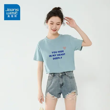 真维斯纯棉短袖女2023新款宽松T恤时尚字母印花潮流半袖上衣商品大图