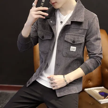 2023春秋外套男牛仔夹克灯芯绒男士韩版帅气潮流修身翻领衣服男装商品大图