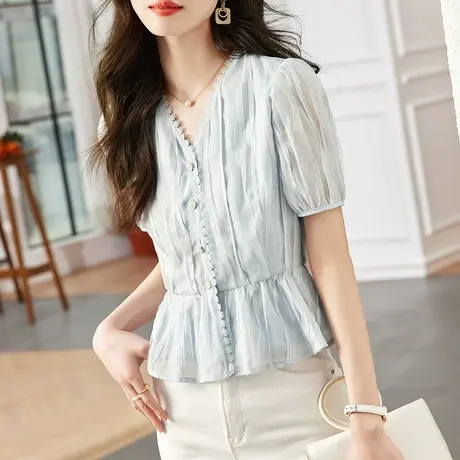 时尚气质甜美短袖衬衫2023年夏季新款温柔甜美V领修身显瘦上衣商品大图