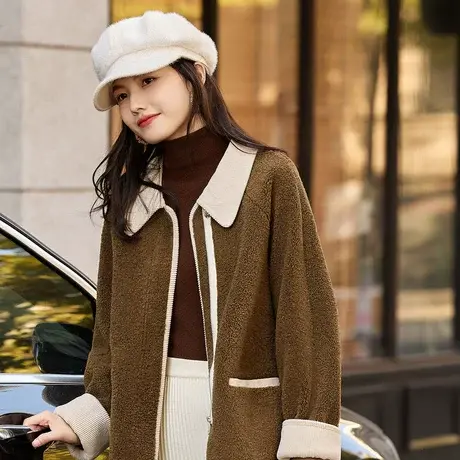 时尚气质外套2023年冬季新款女翻领拼接加厚款百搭短款皮草上衣图片