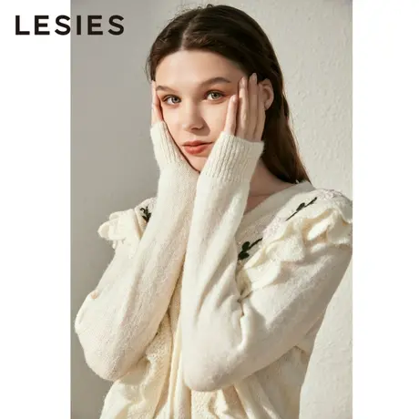 蓝色倾情 秋女装新款V领立体钩花荷叶边绵羊毛毛衣开衫针织衫图片