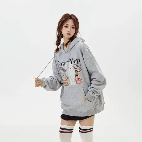 YEP美式复古连帽卫衣女2024新款春秋款宽松oversize潮牌长袖上衣图片
