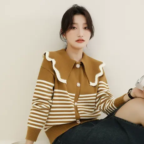 韩潮袭人小香风娃娃领针织衫女2023秋冬新款休闲时尚百搭洋气毛衣图片