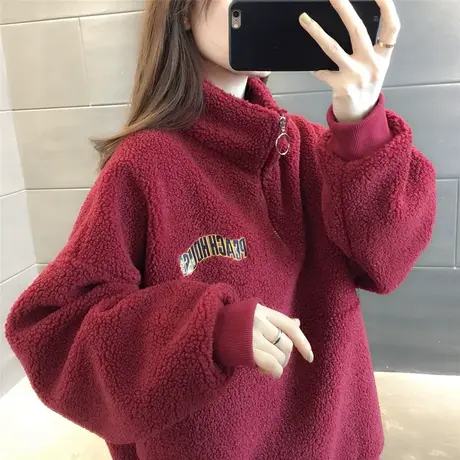 羊羔绒卫衣女中长款加绒加厚宽松慵懒风2023年秋冬季新款冬季外套商品大图