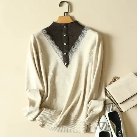 2024年新款半高领毛衣打底衫女春装爆款洋气内搭假两件针织上衣女商品大图