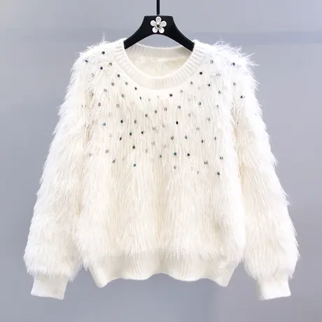 日系软糯手工钉珠水貂绒加厚毛衣女秋冬2023新款宽松高级感针织衫图片