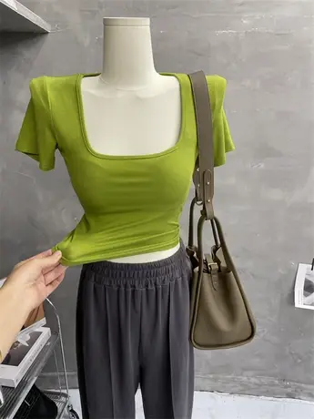 Ju好穿！性感方领短袖T恤短款修身上衣纯色显瘦打底衫2022春夏商品大图