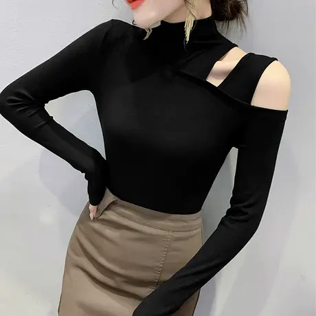 欧货性感露肩T恤女长袖春秋2024新款修身显瘦小衫气质半高领上衣图片
