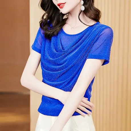 气质荡领短袖T恤女士夏装欧货性感网纱亮丝上衣修身显瘦洋气小衫商品大图