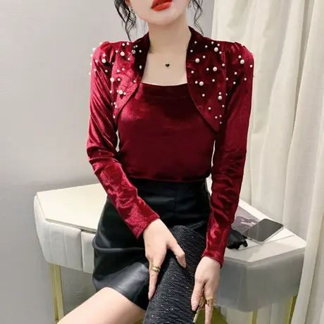 秋冬新款方领T恤女长袖性感钉珠泡泡袖上衣洋气金丝绒修身打底衫商品大图