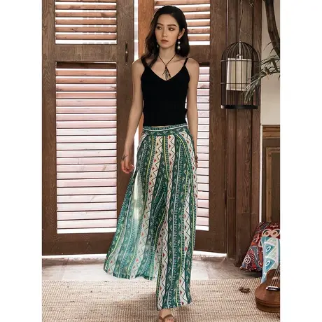 弥古冰丝雪纺阔腿裤裤裙女夏波西米亚绿色条纹裤子薄款开叉沙滩裤商品大图