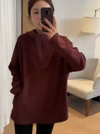 欧货设计感洋气减龄半拉链连帽卫衣女秋季中长款休闲宽松长袖上衣商品大图