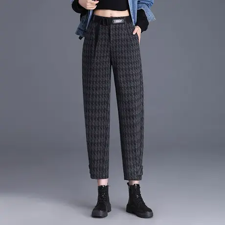 复古格纹哈伦裤女秋冬羊毛呢八分裤2023新款宽松厚款九分休闲裤子商品大图