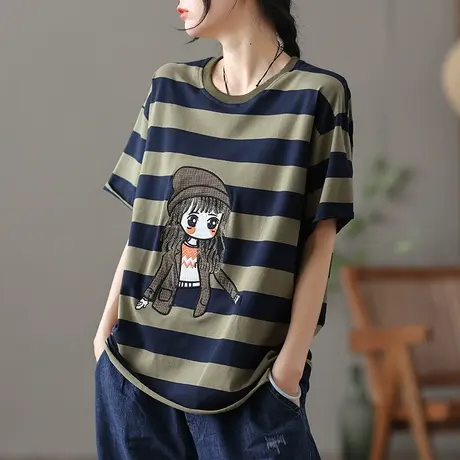 dza复古粗条纹短袖t恤女夏薄款2023新款漂亮纯棉体恤短款上衣打底商品大图