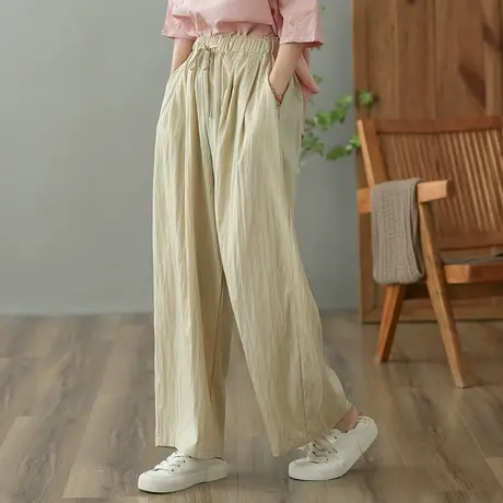 dza 高腰显瘦纯棉休闲裤女2023夏薄褶皱直筒裤宽松百搭阔腿裤长裤图片