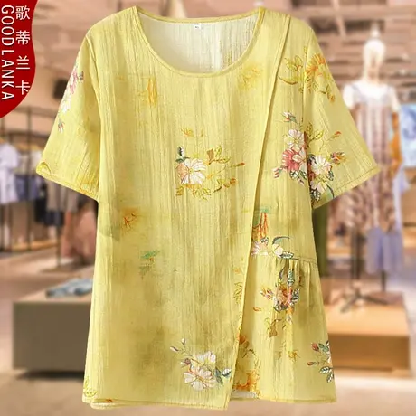 中年胖妈妈夏季天丝上衣短袖花色小衫加肥加大码女装宽松薄款T恤商品大图