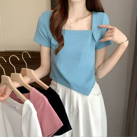 夏季2025年新款辣妹纯欲风显瘦修身纯色不规则短袖T恤内搭上衣女商品大图