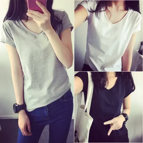 短袖t恤夏装2023新款潮韩范纯色V领上衣hip-hop女生酷酷的衣服图片