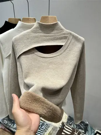 秋冬洋气加绒加厚小众设计感半高领毛衣中领一体绒打底衫女士内搭商品大图