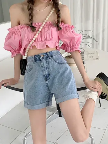 清仓捡漏韩版阔腿牛仔热裤女新款高腰宽松显瘦卷边薄款直筒短裤图片