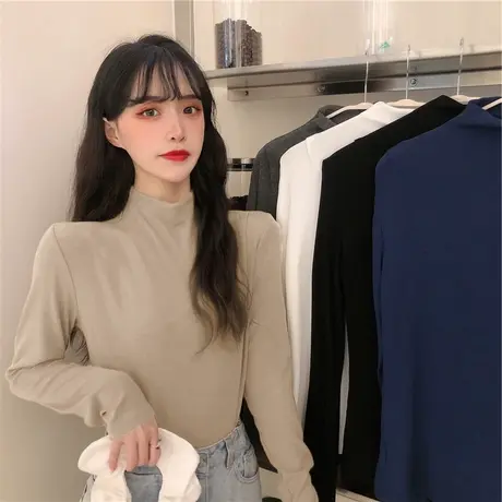 半高领保暖打底衫女秋冬内搭春秋百搭2023年新款加绒长袖t恤上衣图片