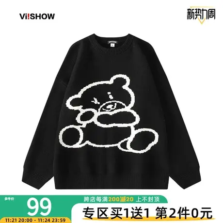 VIISHOW小熊毛衣男生秋季新款潮牌落肩圆领宽松情侣套头针织衫商品大图