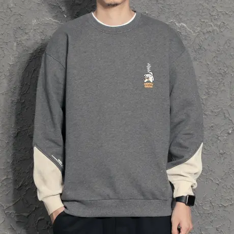 2022春秋新款卡通小清新刺绣卫衣男黑色圆领宽松潮流百搭套头衫商品大图