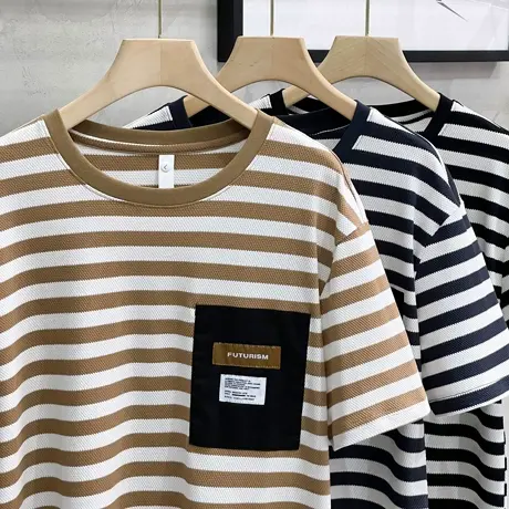 贴布条纹T恤男潮牌2023新款夏季韩版潮流韩版宽松短袖夏装体恤衫商品大图