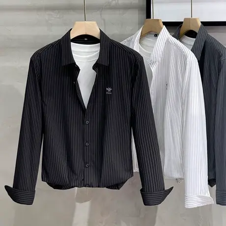 2023年新款春秋季衬衫男长袖商务休闲条纹衬衣打底衫潮流修身免烫商品大图