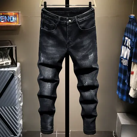 2021高端牛仔裤男黑色宽松直筒显瘦休闲男士裤子秋季新款长裤图片