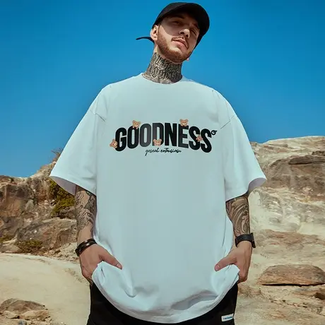 高街潮牌宽松T恤简约短袖男加肥加大五分袖纯棉肥佬大码男装夏季图片