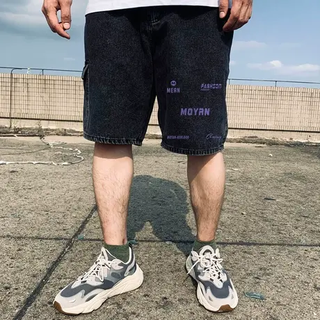 加肥加大码男士牛仔中裤美式复古休闲多口袋工装五分裤青少年短裤图片