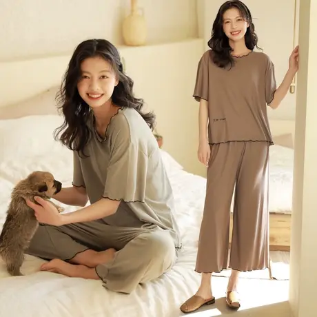 家居服女睡衣春秋两件套装套头夏季短袖薄款大码可出门外穿莫代尔商品大图