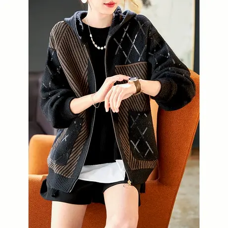 宝诗黎连帽亮片条纹针织开衫落肩上衣夹克2023秋冬新款宽松短外套图片